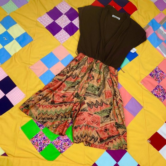 vintage deadstock 80s 90s romper abstract print |  | black belted orange 1980s - Picture 1 of 10